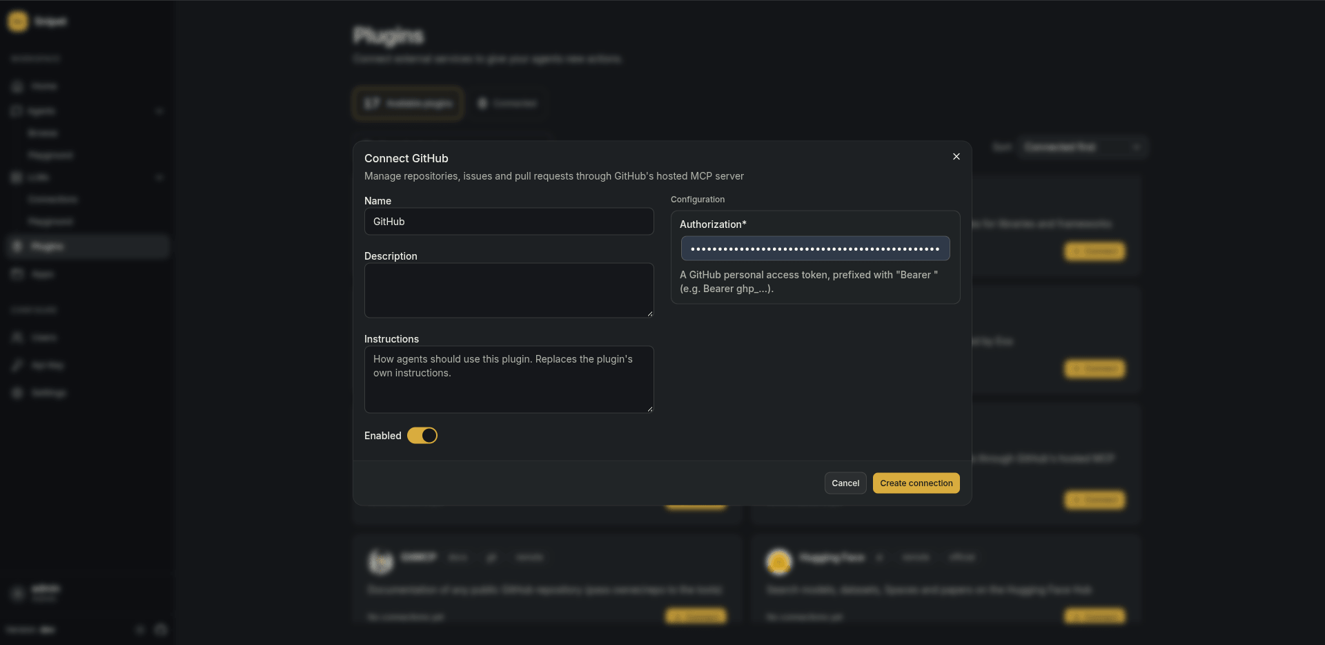 Plugin connection form